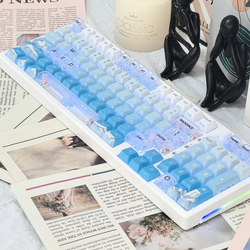 Korean Glacier Side-Engraved Translucent Keycaps OEM PBT Sublimation 122-Key DIY Fresh Gradient Blue White KR/korean Keycaps