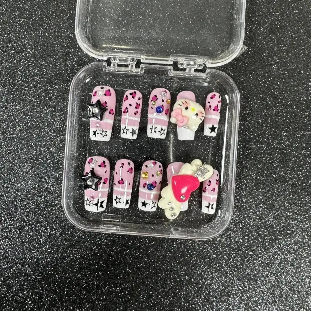 Cute 2024 Coffee Brown 3D Handmade Nail Art Sanrio Hello Kitty French Long Coffin Shape Star Kitty Full Coverage Removable Nails