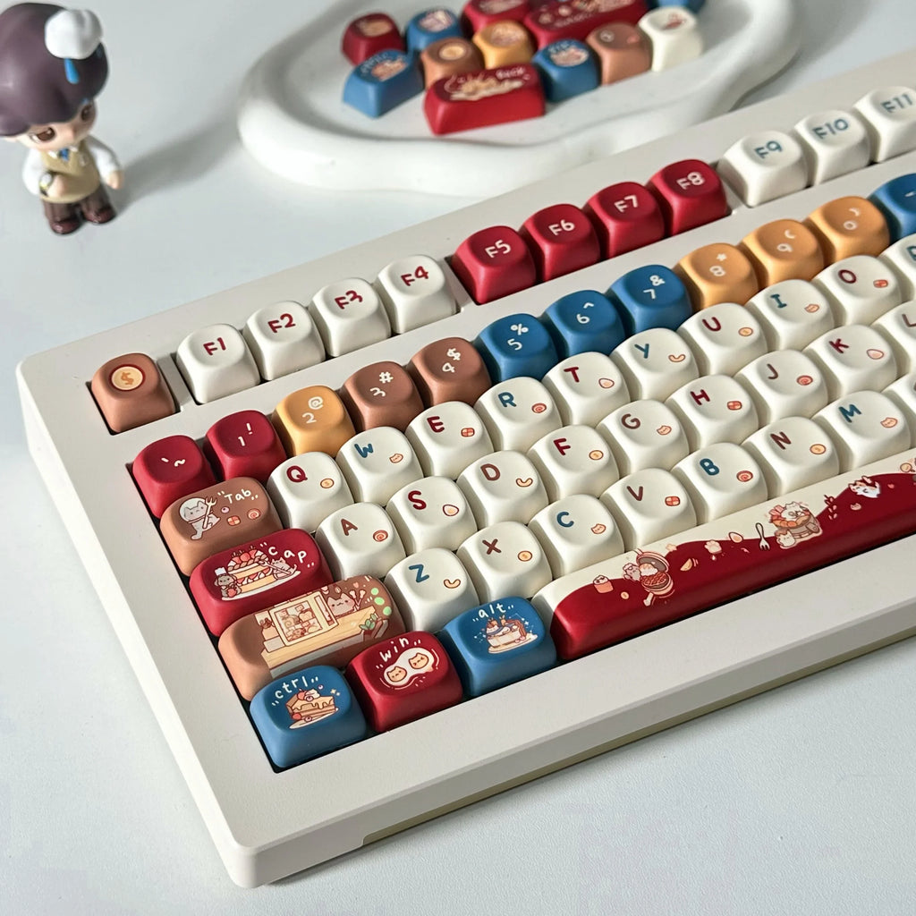 Meow Chef Keycap Set PBT Sublimation Cat Kitchen Cute Keycaps 131 Keys MOA Profile Red Blue Key Caps for DIY Mechanical Keyboard