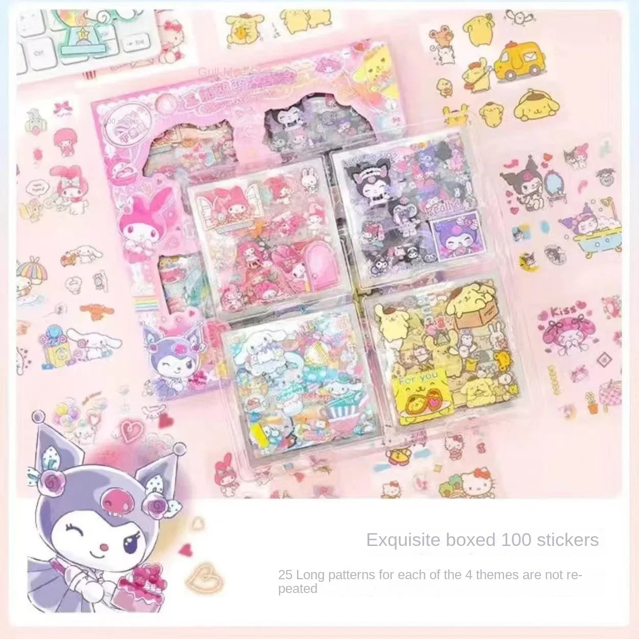 Hello Kitty Sanrio Non repeating 100 piece Sticker Set Cinnamoroll Kuromi Waterproof Stationery Sticker Gift Box Holiday Gift