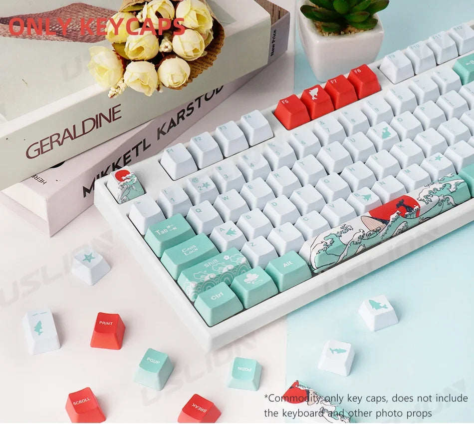 108 Keys OEM Profile Keycaps Coral Sea Theme PBT Five-side DYE Sublimation Key Caps for Gaming Mechanical Keyboard MX Switches
