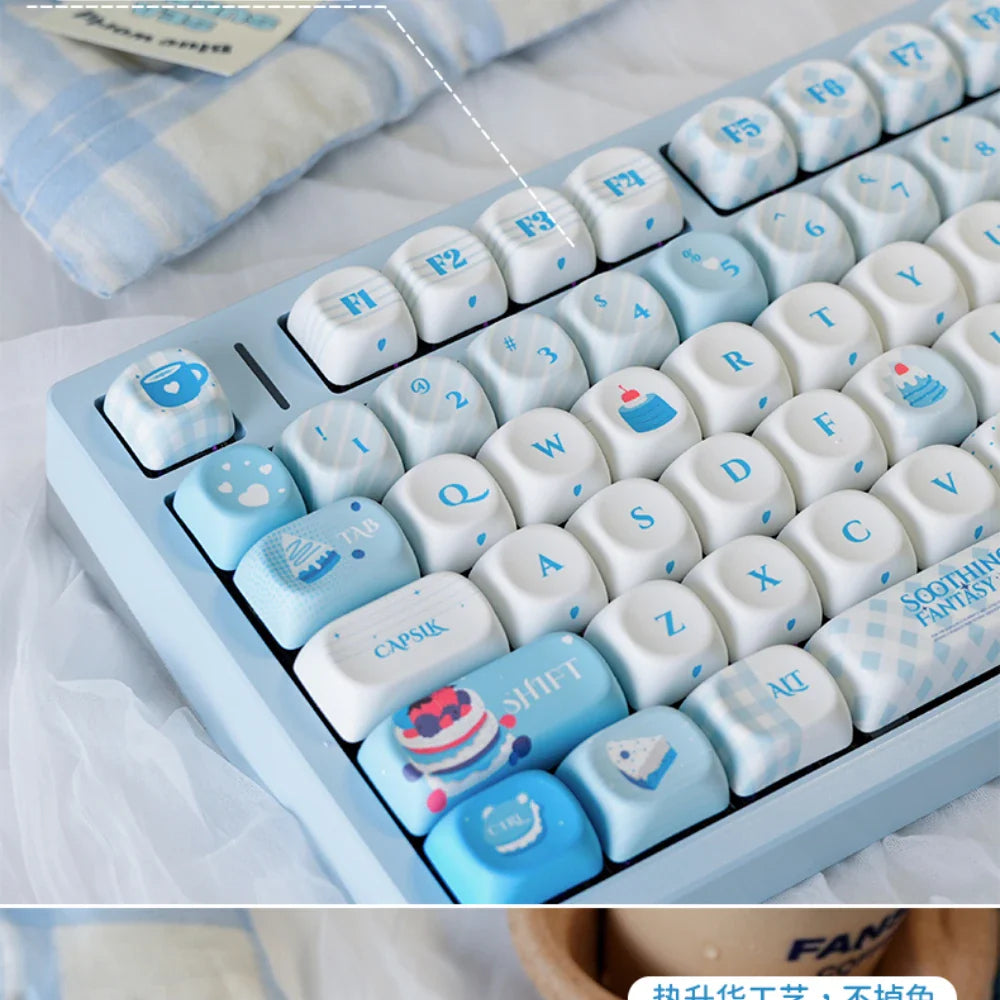 Sweet Dream Keycaps New Moa Pbt Sublimation Cute Blue Cute Round Alice Layout Keycaps L-Shaped Enter Key 2.25/2.75/7U Space Bar