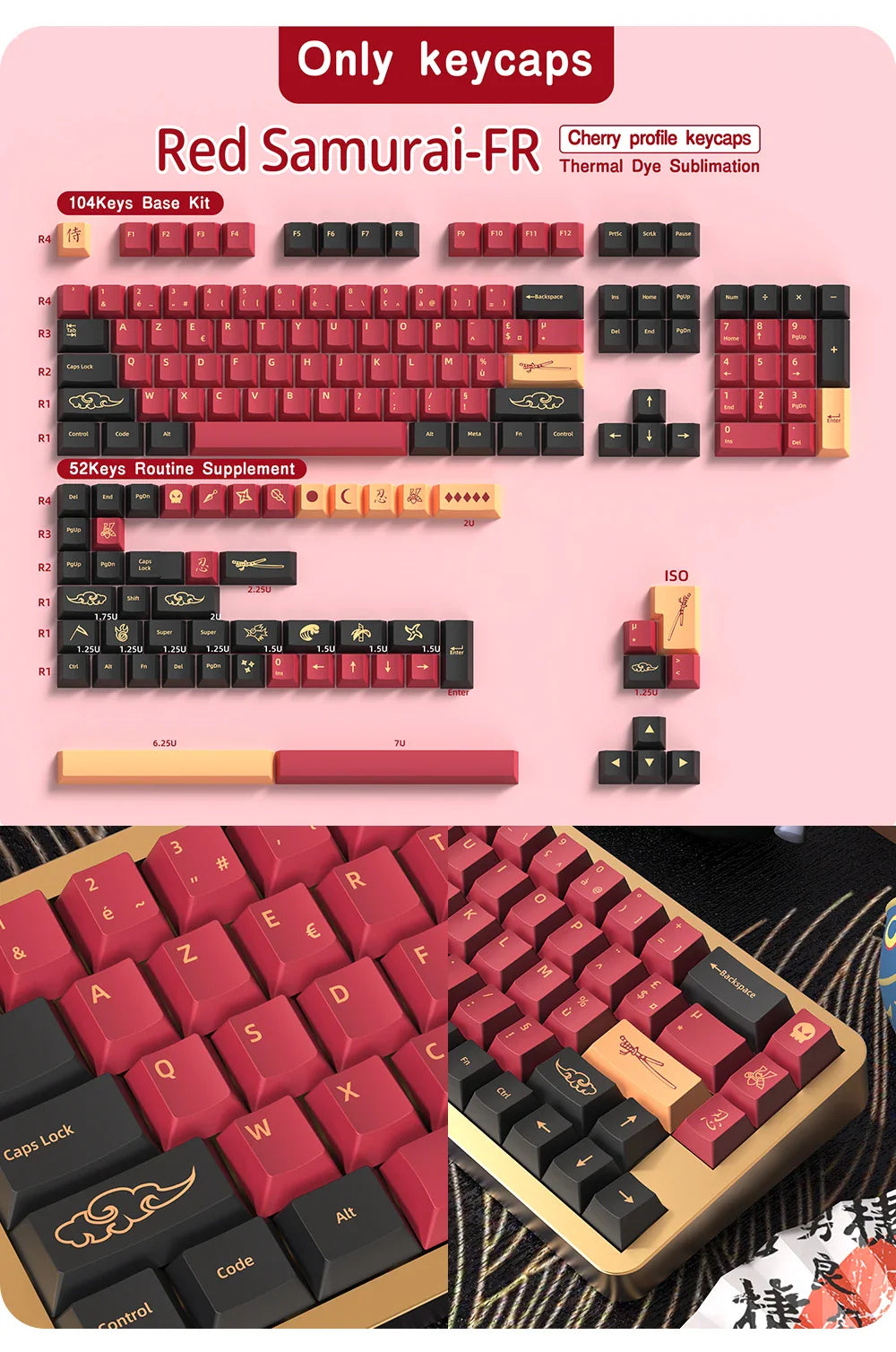 French Keycap 136-156 Keys BPT Cherry Profile FR Keycaps For French keyboard MX Mechanical Keyboard 7U Space Keys Hi75