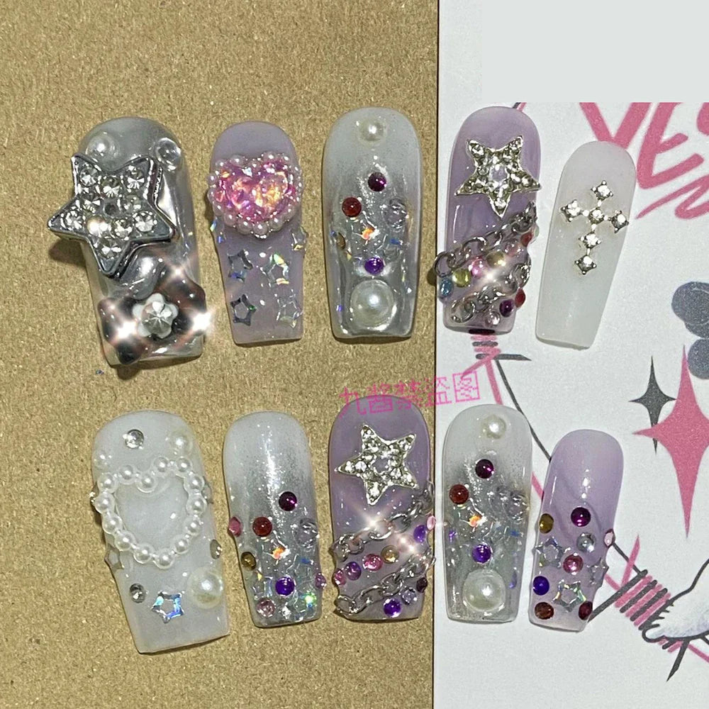 Sanrio Hello Kitty Y2K Nail Cartoon Punk Long Square Handmade Fake Nails Leopard Print Five-Pointed Star Diamond Detachable Nail