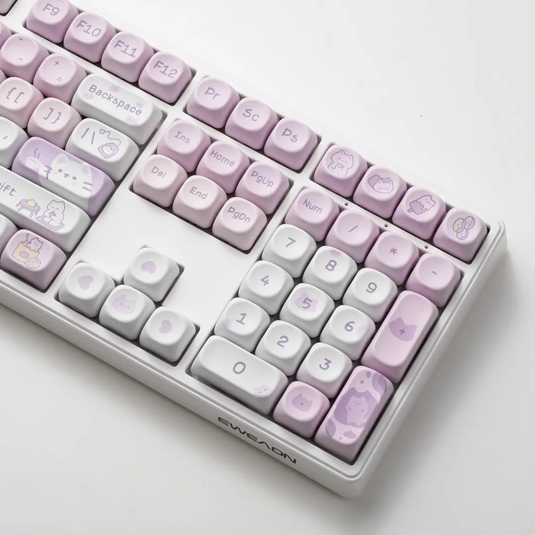 132 Keys Dye Sublimation PBT Keycaps Purple Cute Cat Themed MOT Profile Keycap for Gateron MOA MX Switches Mechanical Keyboard