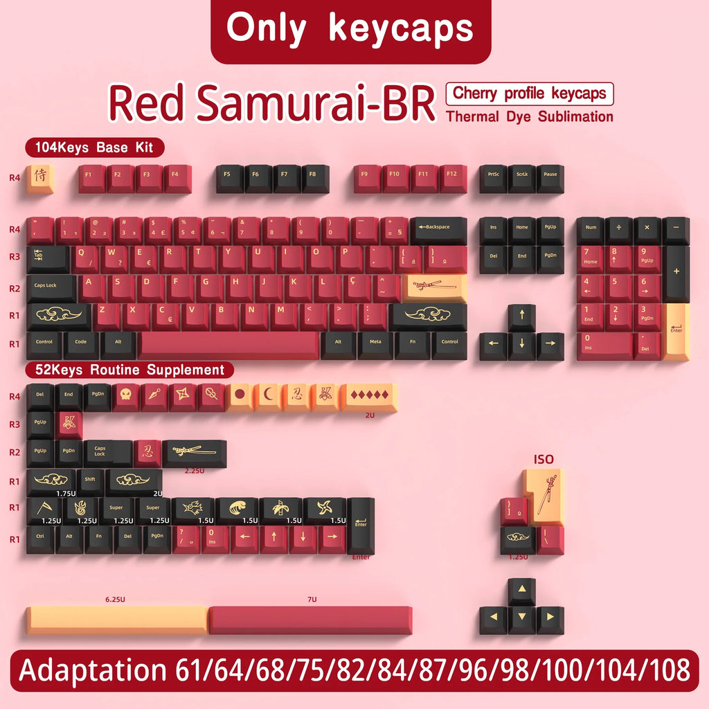 Abnt2 Keycaps Cherry Profile PBT Dye-Sub BR Keycaps Monster Red Samurai Blue Samurai For Mechanical Keyboard 7U Space bar