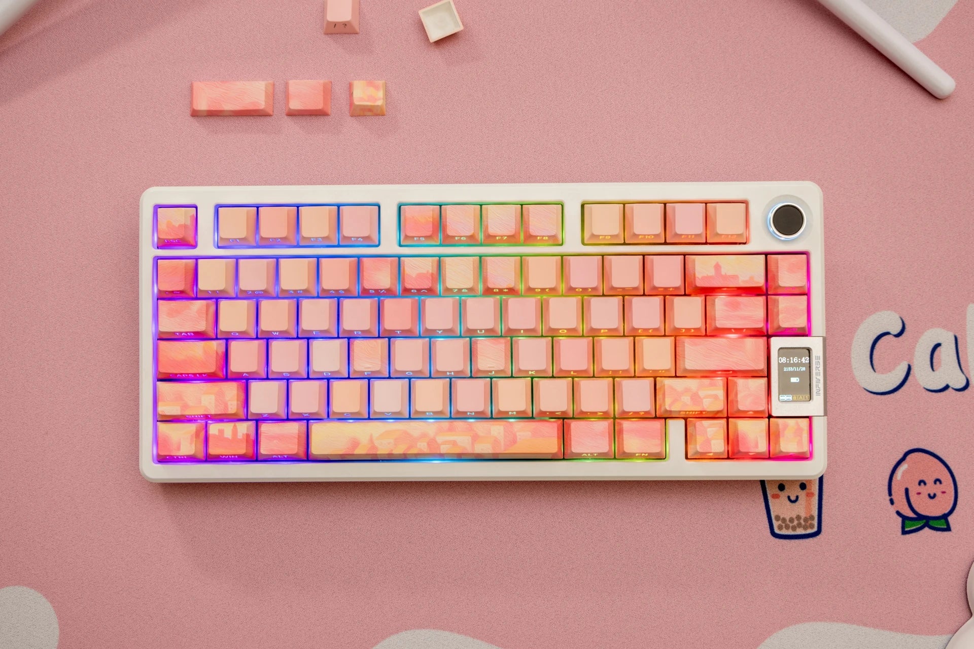 PIIFOX PBT OEM Profile Keycaps Thermal Sublimation 130 Keys Pink Thing Oil Painting Theme Transparent Translucent Side Engraving