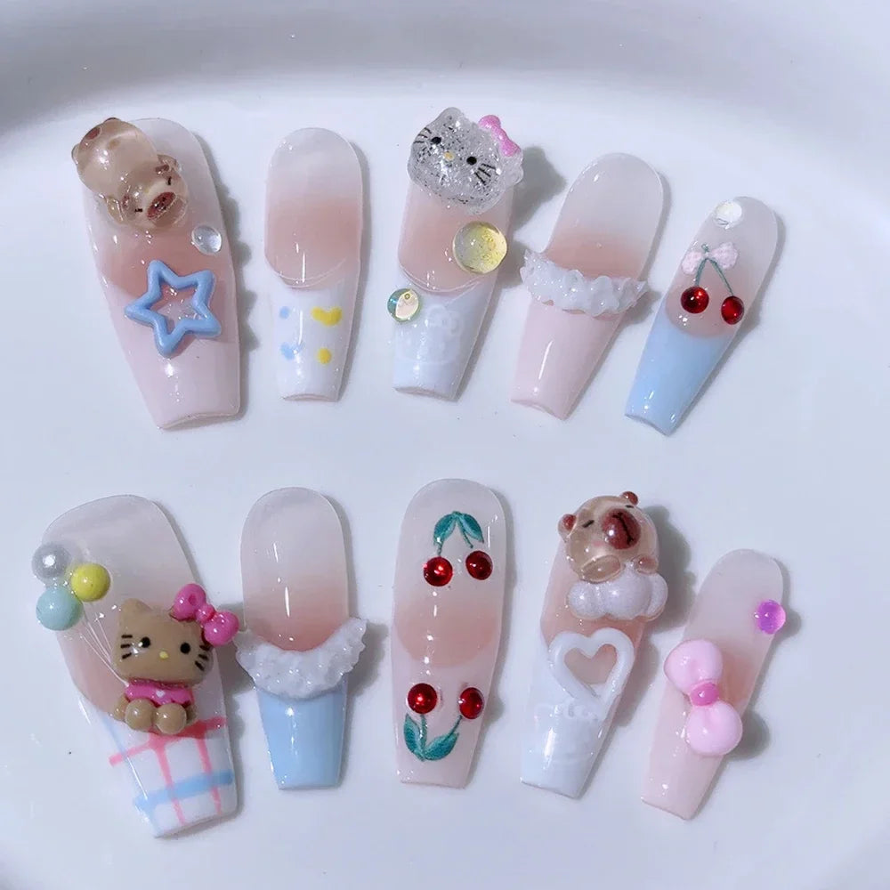 Sanrio Handmade French Press On Nails Hellokitty White Rose Cherry Girl Wearable Nail Tips Long Coffin Square Fake Nails Gift