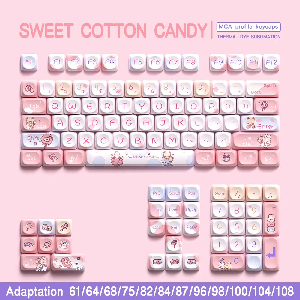 Sweet Cotton Candy Themed Keycaps 112/120key Mca Profile Pbt Thermal Sublimation Mechanical Keyboard Cartoon Pink Anime Keycaps