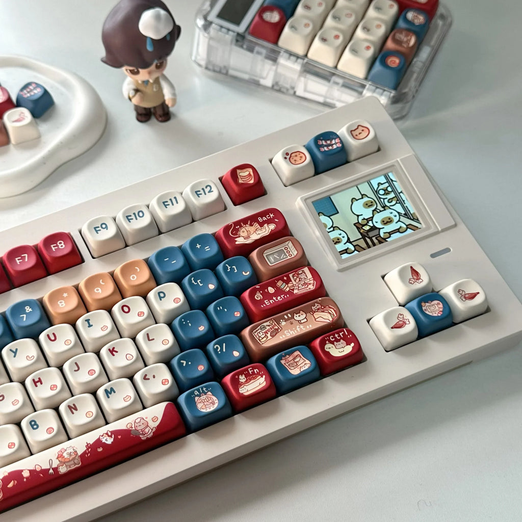 Meow Chef Keycap Set PBT Sublimation Cat Kitchen Cute Keycaps 131 Keys MOA Profile Red Blue Key Caps for DIY Mechanical Keyboard
