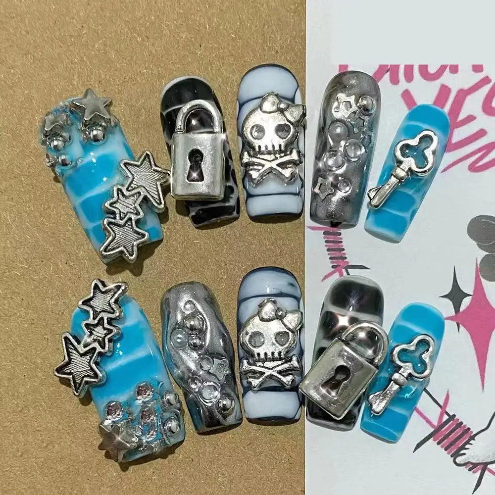 Sanrio Hello Kitty Y2K Nail Cartoon Punk Long Square Handmade Fake Nails Leopard Print Five-Pointed Star Diamond Detachable Nail