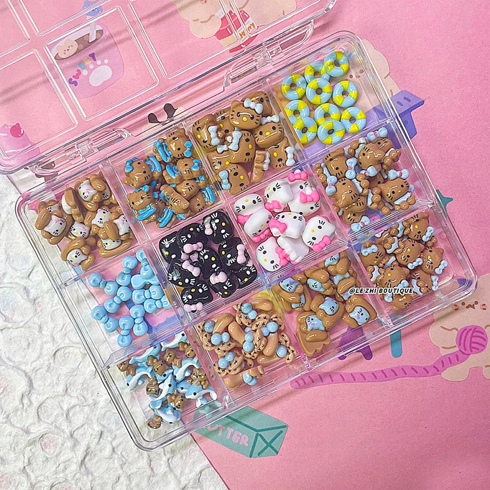 Boxed 120Pcs Kawaii Black Skin Sanrio Hello Kitty Nails Art Charms Accessories 3D Beach Bow Dolphin Resin Nails Decor Promotion