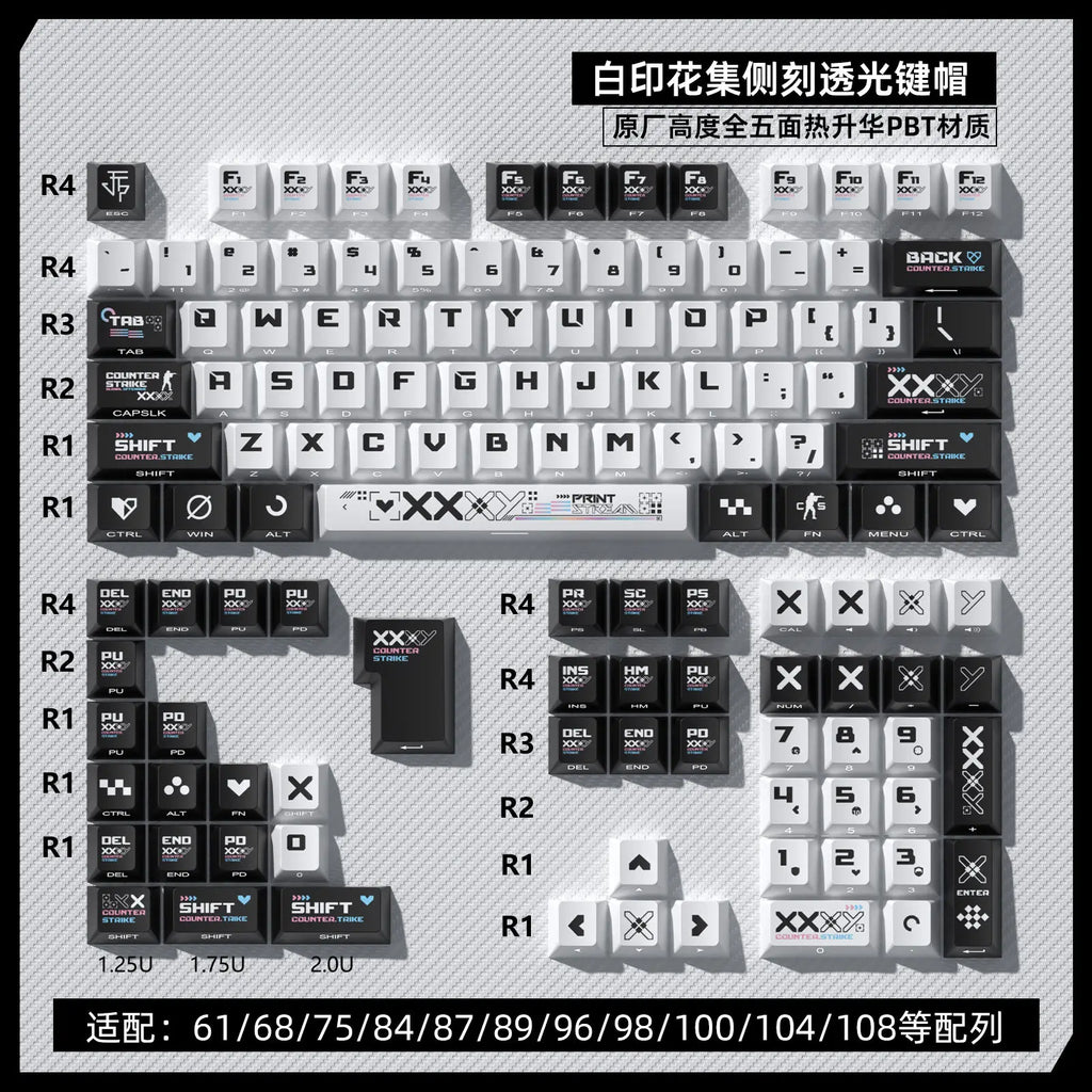 Black and White Double Color Matching Side Engraving Keycaps Set Sublimation Original Height Translucent Keycap Wooting Made68