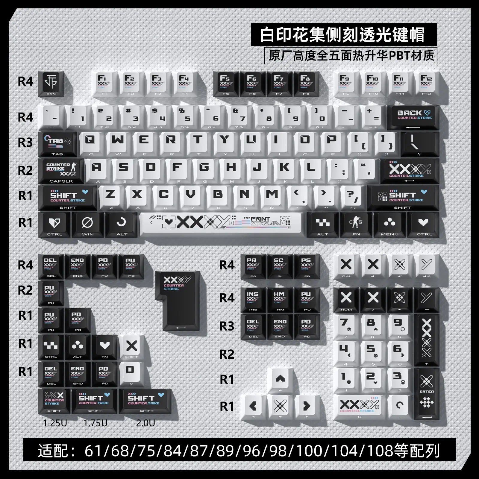 Black and White Double Color Matching Side Engraving Keycaps Set Sublimation Original Height Translucent Keycap Wooting Made68
