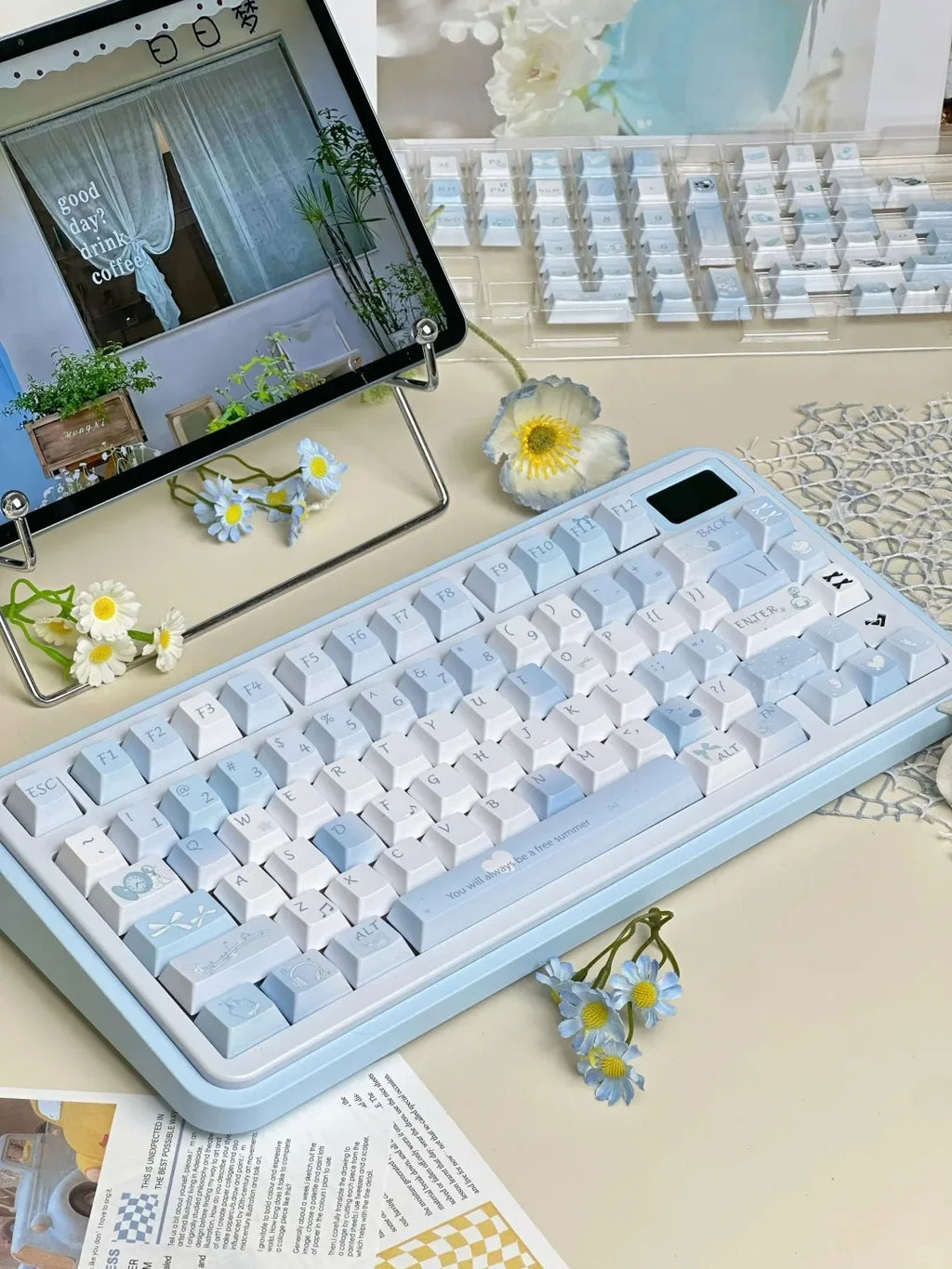 Blue Melody Keycap Set 132 Keys PBT Sublimation Cherry Profile Keycaps for DIY Mechanical Keyboard Small Fresh Summer Key Caps