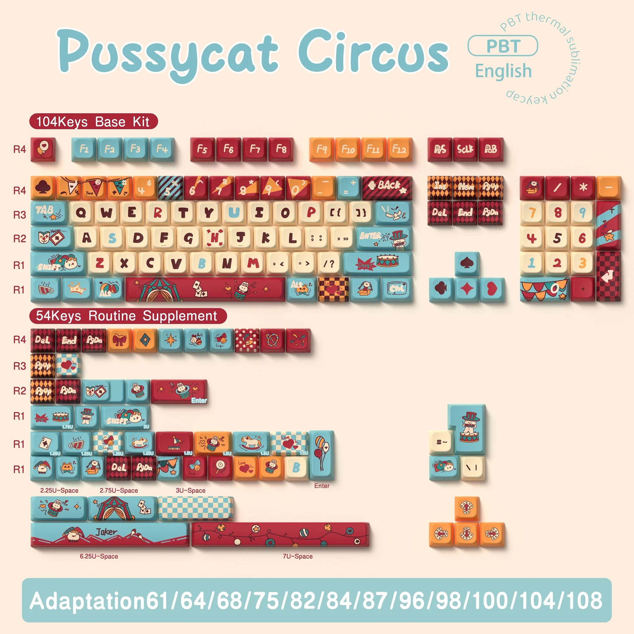 Pussycat Circus Themed Keycaps 120/138/158key Mda/Mca Profile Pbt Thermal Sublimation Mechanical Keyboard Cartoon Game Key Cap