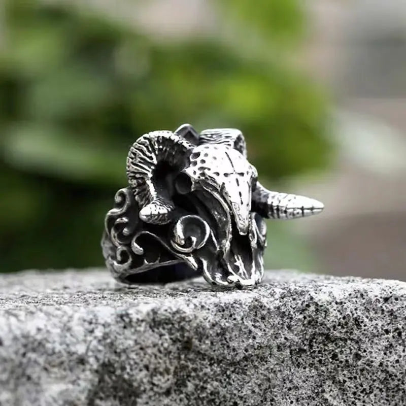 Devil Ram Horns Skull Open Ring for Men's Retro Satanic Cross Religious Amulet Jewelry