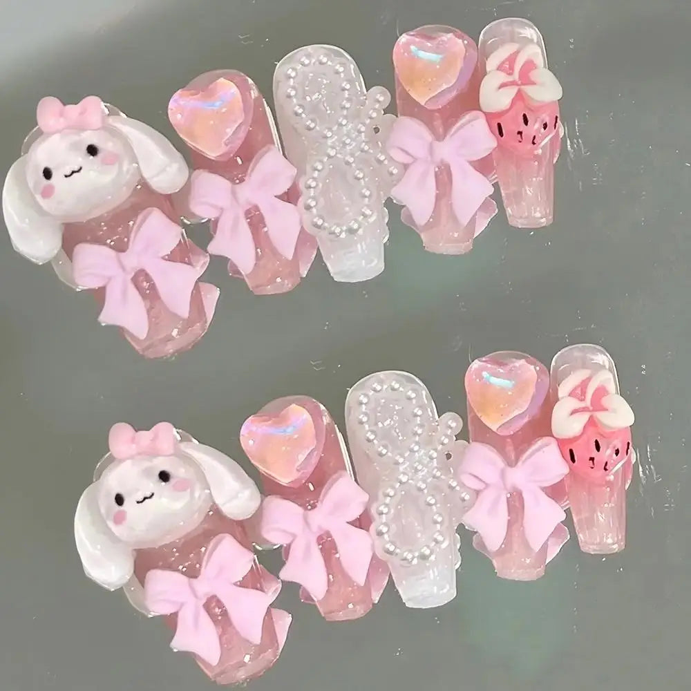 Cute Handmade Long Coffin Shape Fake Nail Kawaii Sanrio Hello Kitty Cinnamoroll Kuromi My Melody Detachable Nail Holiday Gift
