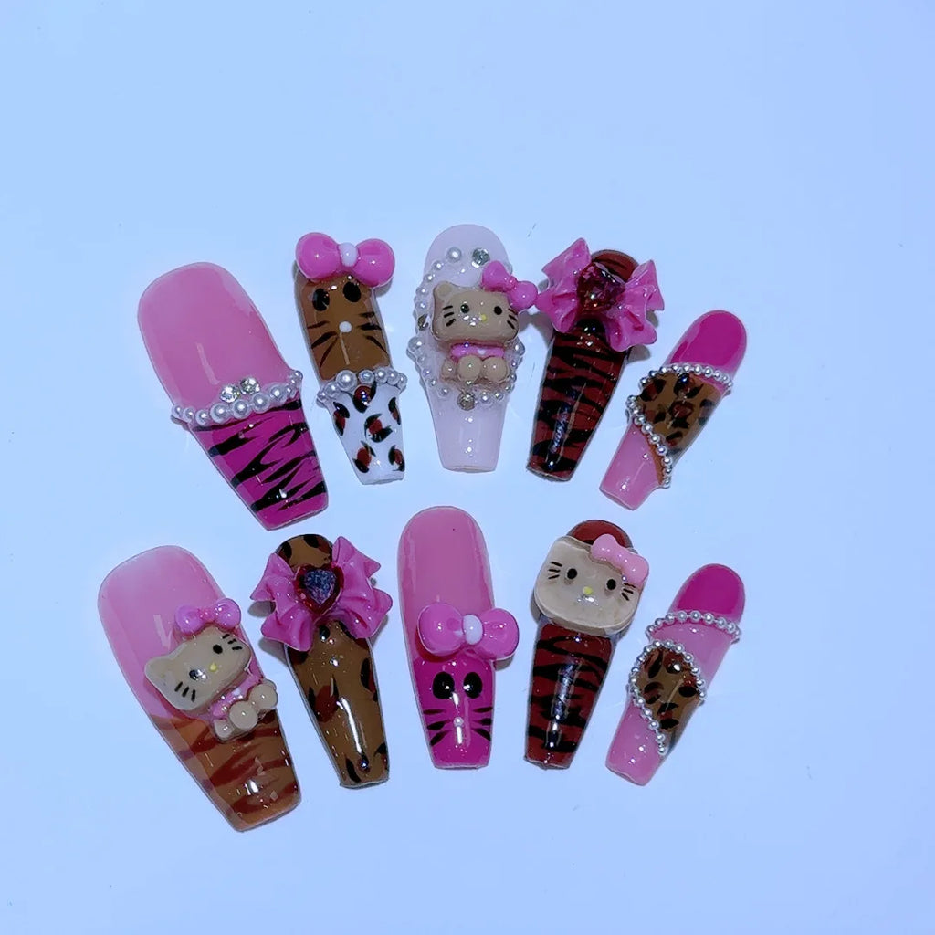 Sanrio Handmade French Press On Nails Hellokitty White Rose Cherry Girl Wearable Nail Tips Long Coffin Square Fake Nails Gift