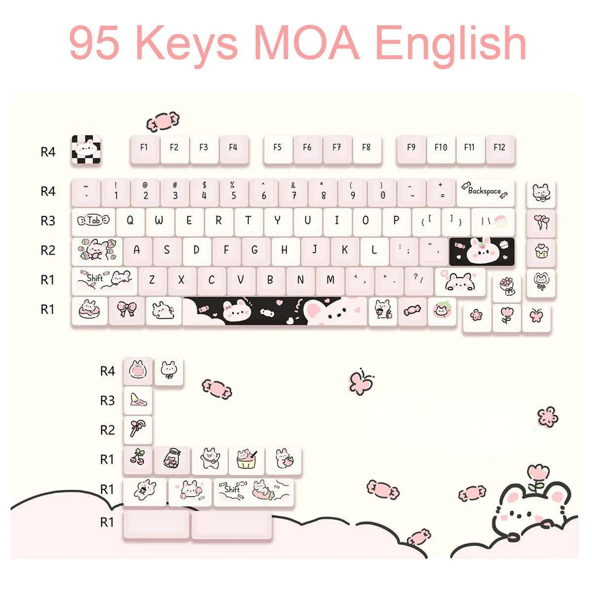 95Keys MOA Profile Keycaps Cartoon Dog Cat Theme PBT Key Caps for GMK67 GMK87 61/64/68/84/75/87 Keys Gaming Mechanical Keyboard