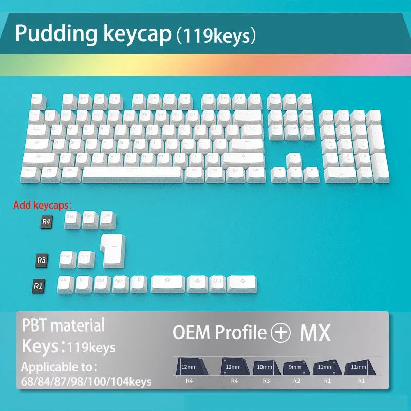 129Keys Pudding Keycap OEM ABS Set Key Cap Ergonomic Cute Key Cap Backlit for Mx Profile Mechanical Keyboard Kit Keycaps