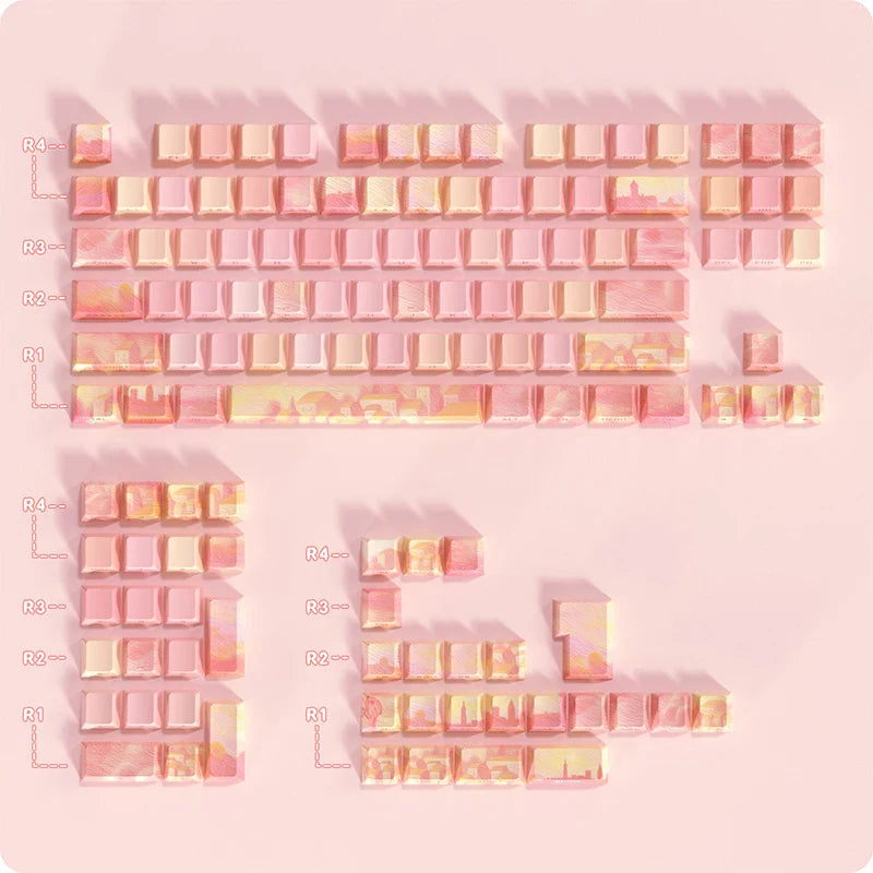 PIIFOX PBT OEM Profile Keycaps Thermal Sublimation 130 Keys Pink Thing Oil Painting Theme Transparent Translucent Side Engraving