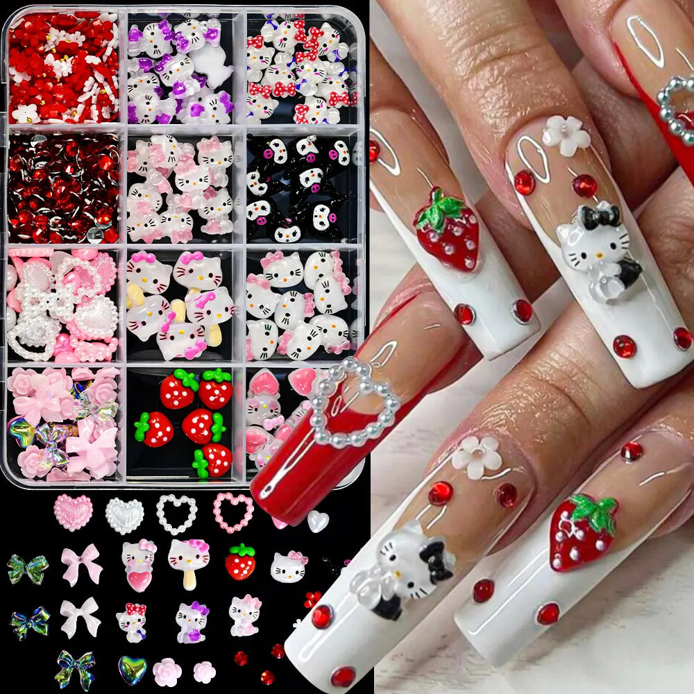 12Girds/Box Sanrioed Hello Kitty Nail Art Rhinestone Kawaii Kuromi Nail Charms Kit DIY Jewelry Decoration Manicure DIY Nail Part
