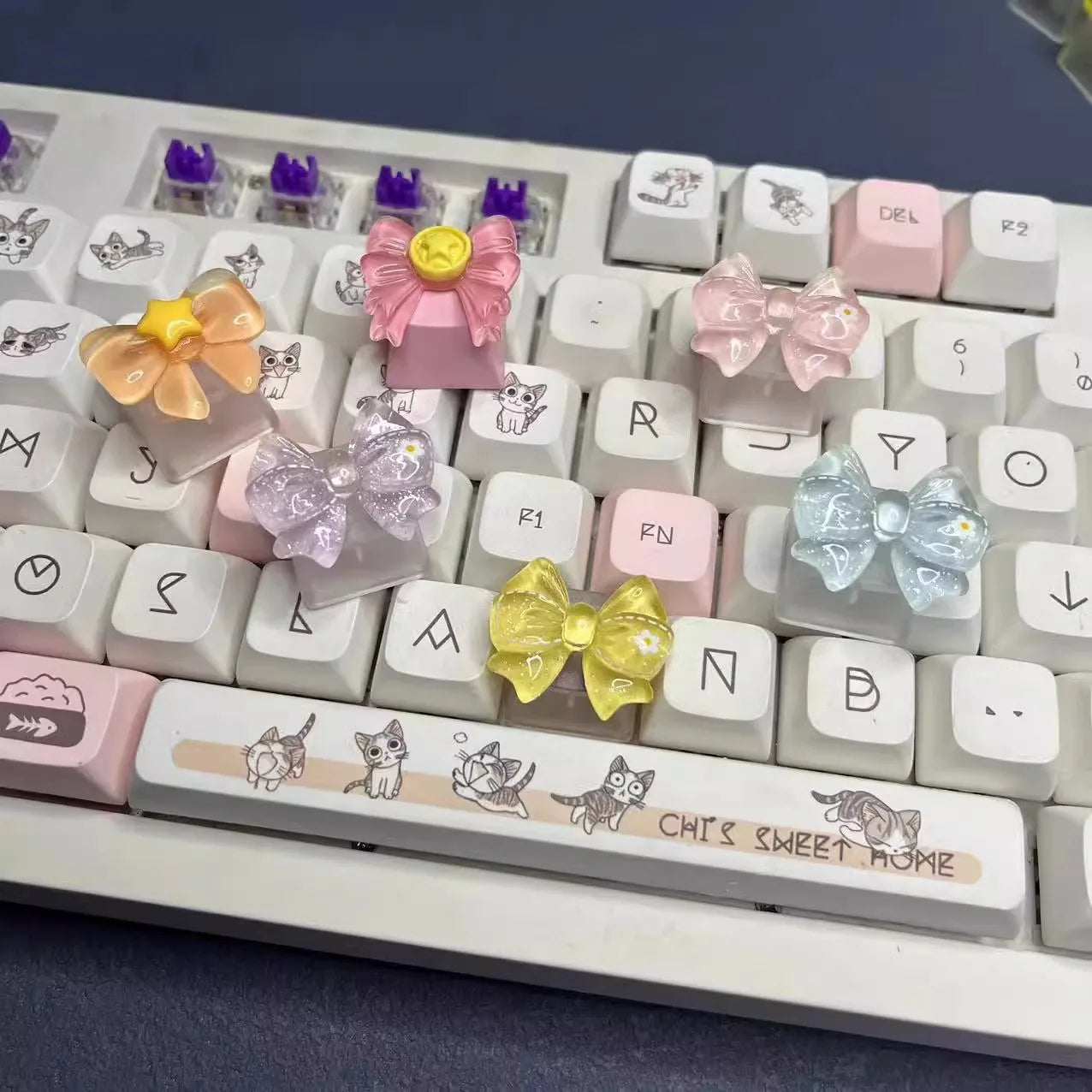 Personalized Translucent Bow Keycap Creative Mechanical Keyboard With Pink And Blue Keycap Accessories Added