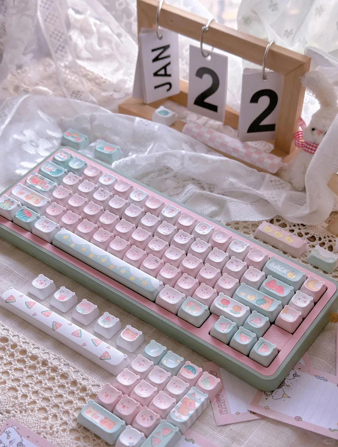 Cute Kawaii Bear Keycap EAO Pink Purple Expression Pbt For Diy Mechanical Keyboard Side Engraved Iso/Ansi Layout Cute Cat Keycap
