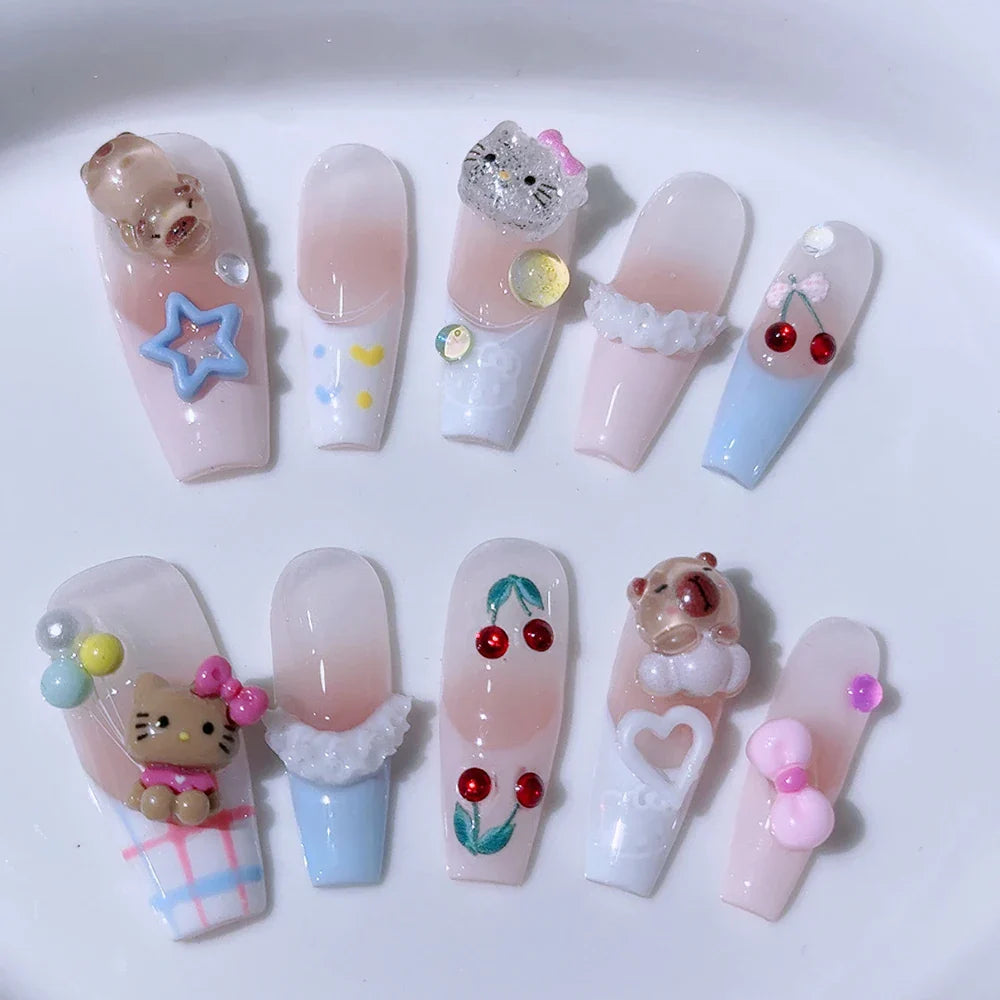 Sanrio Handmade French Press On Nails Hellokitty White Rose Cherry Girl Wearable Nail Tips Long Coffin Square Fake Nails Gift