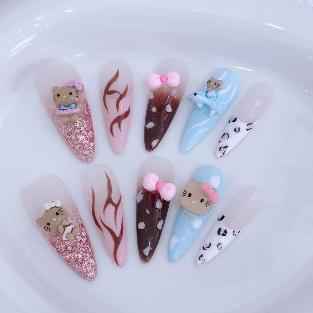 Sanrio Handmade French Press On Nails Hellokitty White Rose Cherry Girl Wearable Nail Tips Long Coffin Square Fake Nails Gift