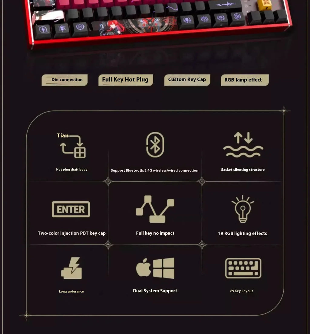 Wuthering Waves Yinlin Gaming Keyboard Three Mode Customized Wireless Mechanical Keyboard 89keys Hot Swap Gasket Pc Gamer