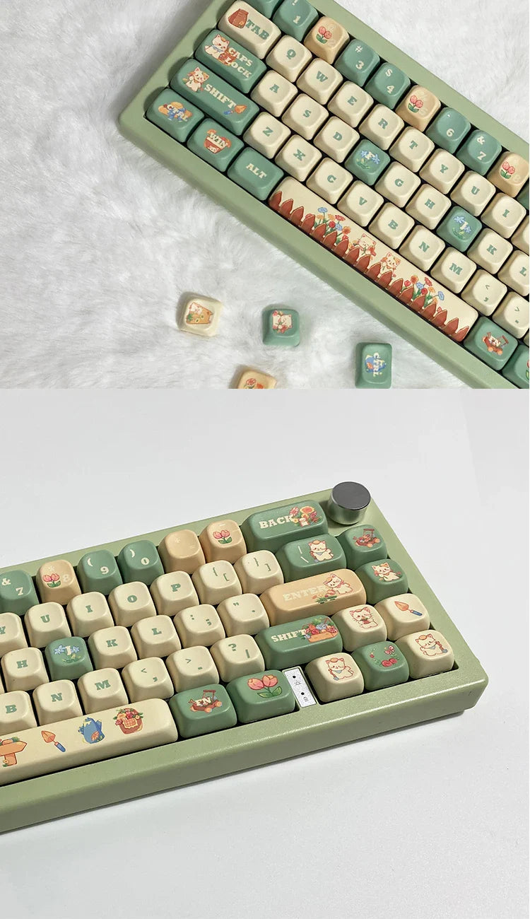 Cat Garden Keycap Set EOA Height PBT Five-Sided Sublimation Key Caps for  Mechanical Keyboard Flower Kitten Element Cute Keycaps