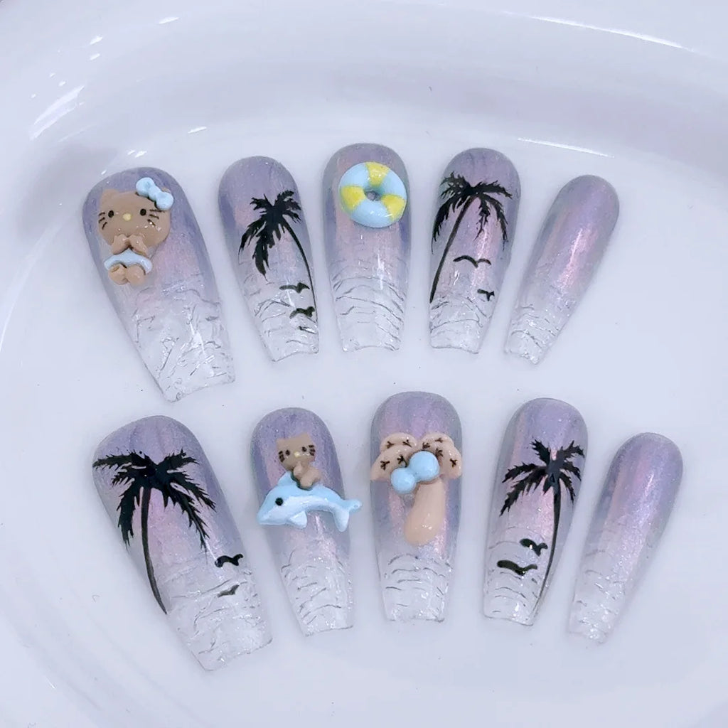 Sanrio Handmade French Press On Nails Hellokitty White Rose Cherry Girl Wearable Nail Tips Long Coffin Square Fake Nails Gift