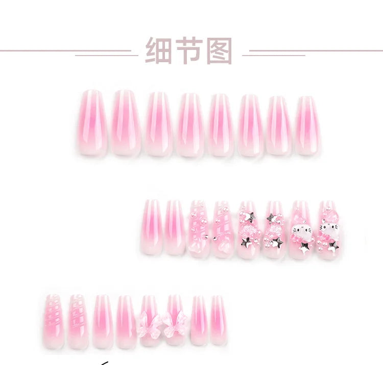 HelloKitty Press on False Nail Sanrio Accessories Y2k Kawaii Cartoon Design Fake Nails Long Detachable Manicure Girls Gift