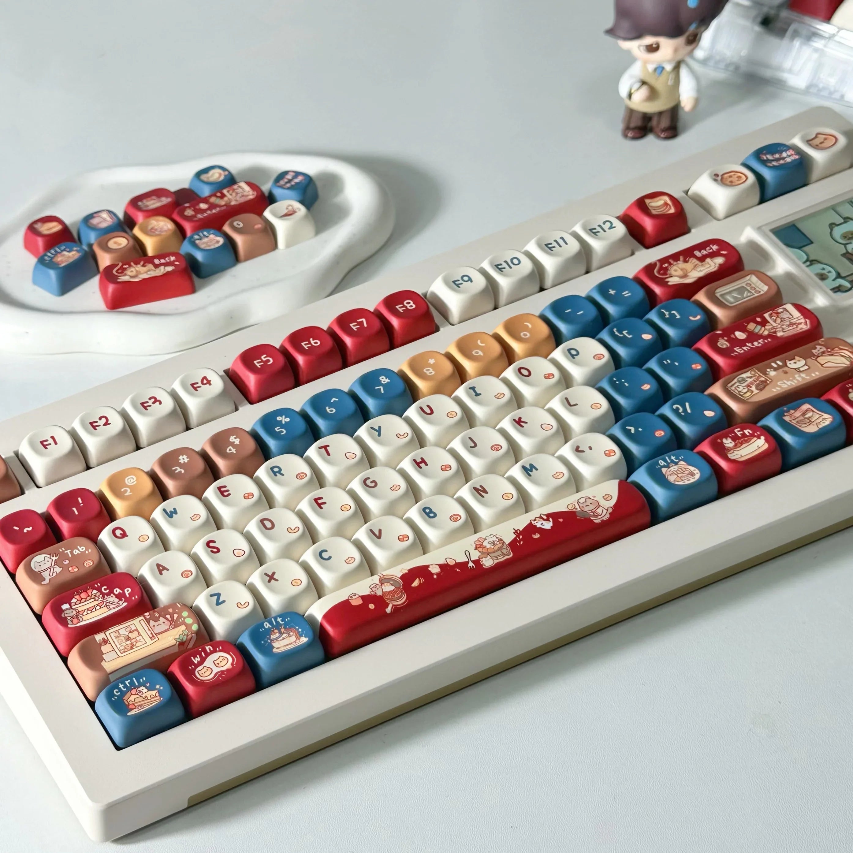 Meow Chef Keycap Set PBT Sublimation Cat Kitchen Cute Keycaps 131 Keys MOA Profile Red Blue Key Caps for DIY Mechanical Keyboard