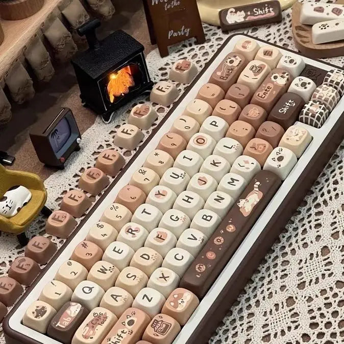 Autumn Cat Coffee Keycap Moa Pbt Full Five Sided Sublimation Diy Coffee Color White Dark Brown Cartoon Animal Cute Cat Keycap