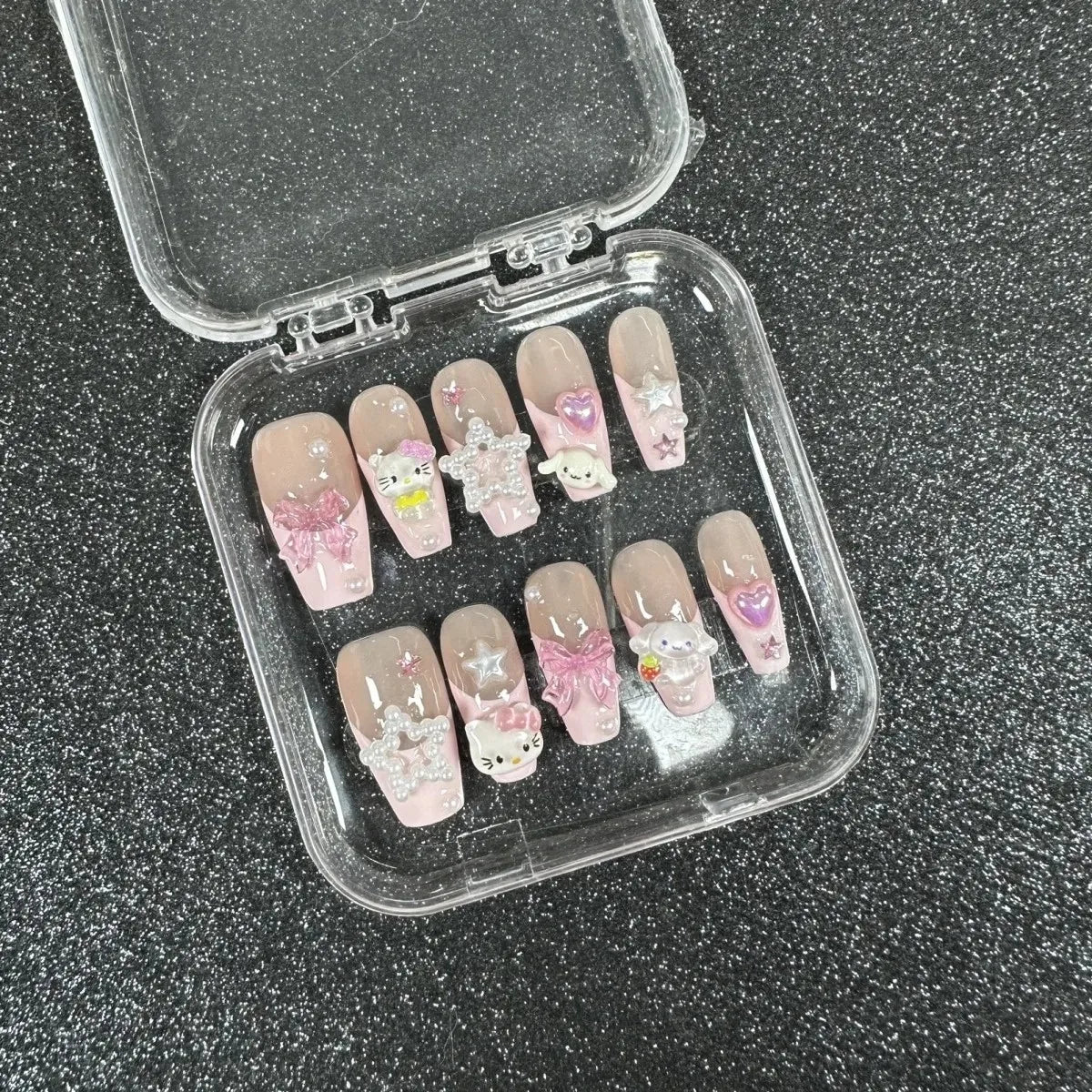 Cute 2024 Coffee Brown 3D Handmade Nail Art Sanrio Hello Kitty French Long Coffin Shape Star Kitty Full Coverage Removable Nails