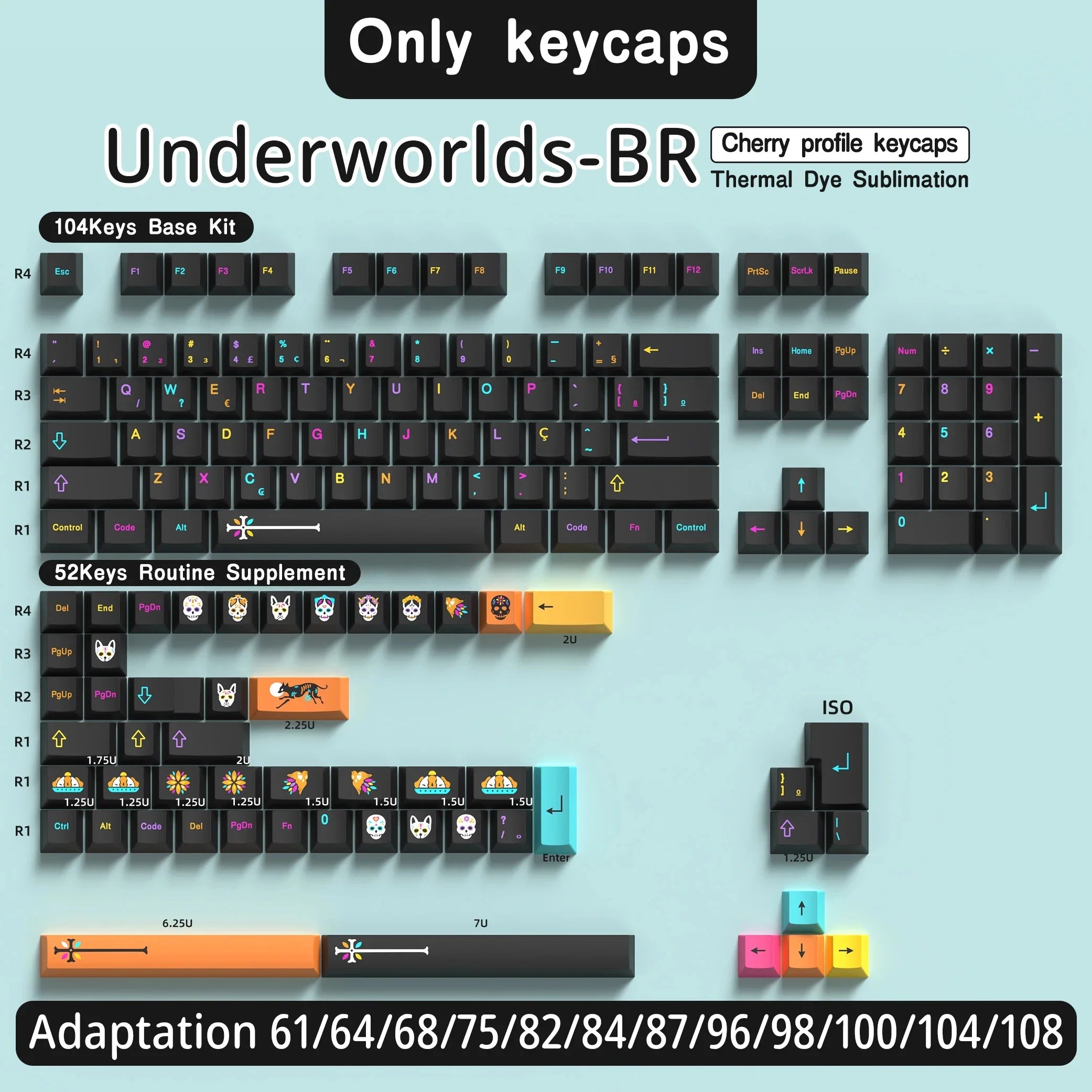 Abnt2 Keycaps Cherry Profile PBT Dye-Sub BR Keycaps Monster Red Samurai Blue Samurai For Mechanical Keyboard 7U Space bar