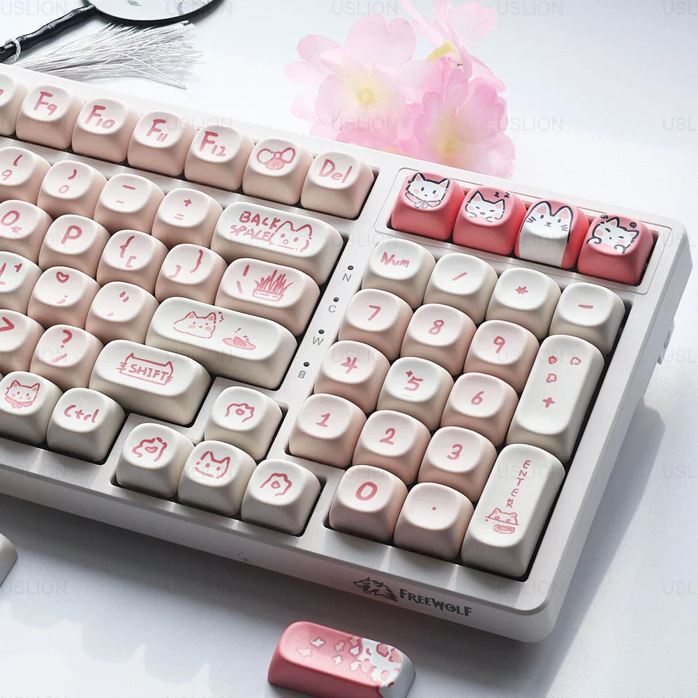 USLION 139Keys Keycaps Pink Meow Cat Theme MOA Profile PBT Kep Caps for 61/64/68/84/75/87/96/104 Keys Gaming Mechanical Keyborad