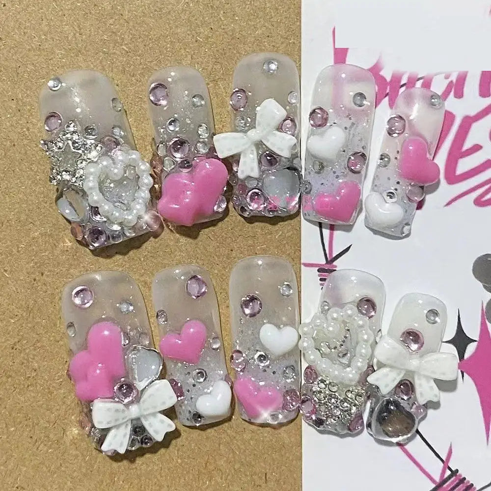 10Pcs Handmade Diy Cartoon Nail Art Hello Kitty Y2K 3D Flower Star Conch Shape Press On Nail Full Coverage Design Girls Gift