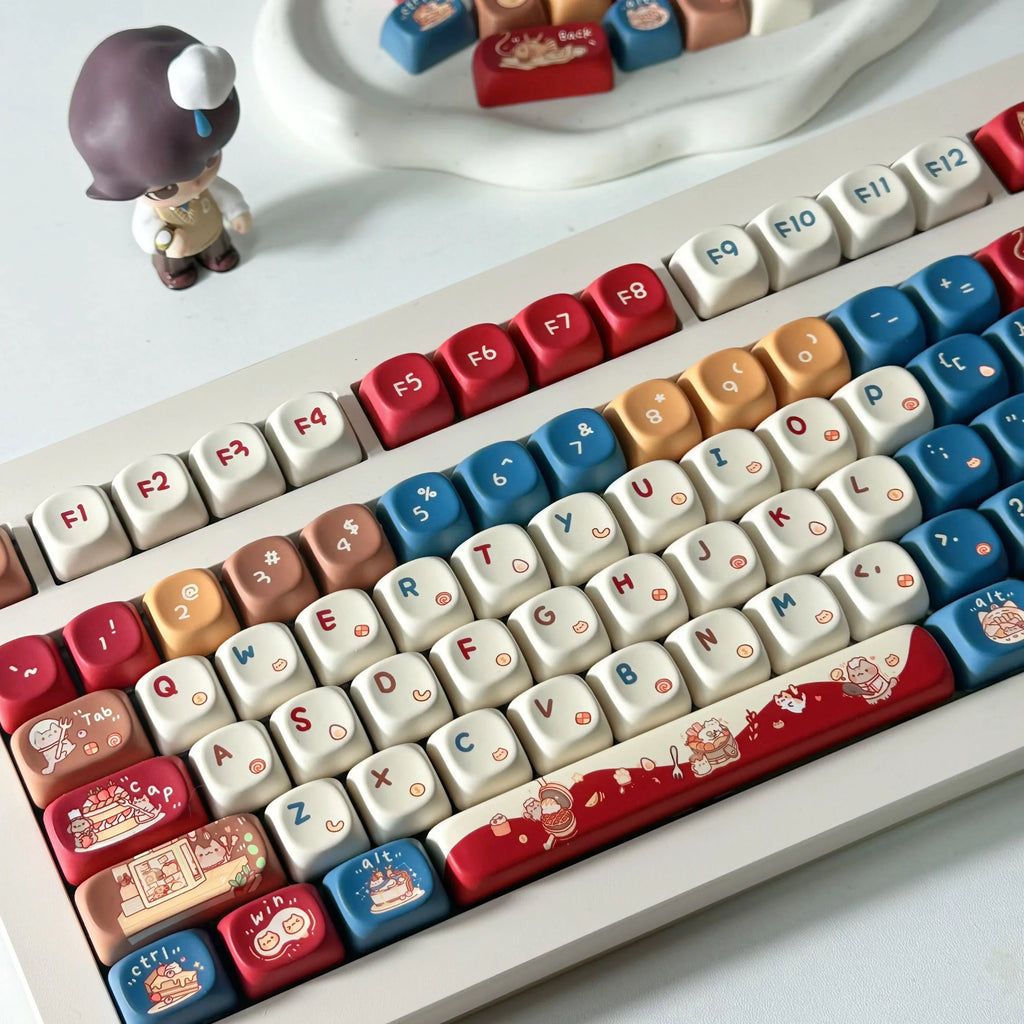 Meow Chef Keycap Set PBT Sublimation Cat Kitchen Cute Keycaps 131 Keys MOA Profile Red Blue Key Caps for DIY Mechanical Keyboard