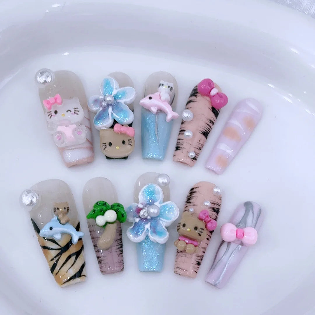 Sanrio Handmade French Press On Nails Hellokitty White Rose Cherry Girl Wearable Nail Tips Long Coffin Square Fake Nails Gift