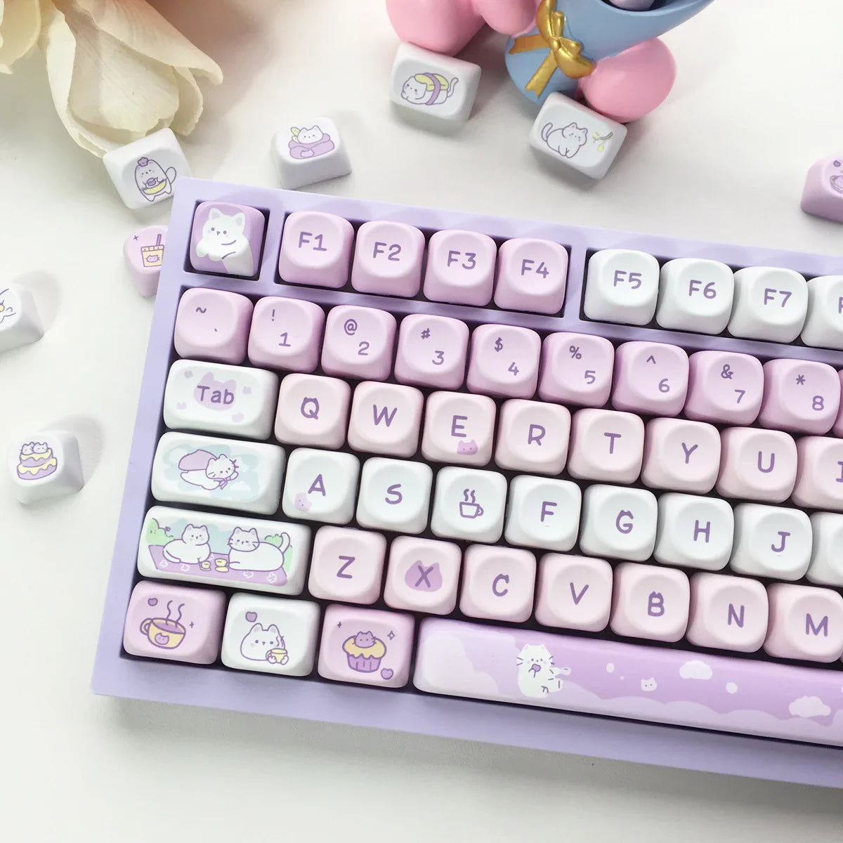 95Keys MOA Profile Cat Theme PBT Key Caps Pink Blue Puppy Cute  Keycaps for GK61 RK836 MX Switches Mechanical Keyboard