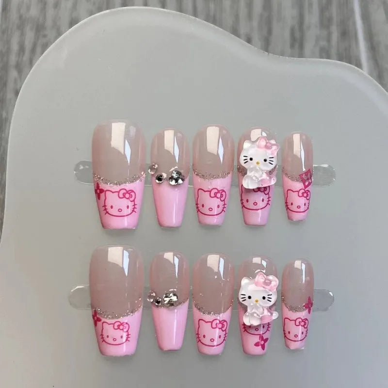 Pink Press on Acyrlic Nails Hellokitty Cute Stickers Handmade Nails French Designs Wearable Full Cover Coffin Kawaii Nail Arts