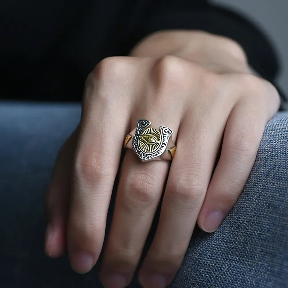 Devil Ram Horns Skull Open Ring for Men's Retro Satanic Cross Religious Amulet Jewelry