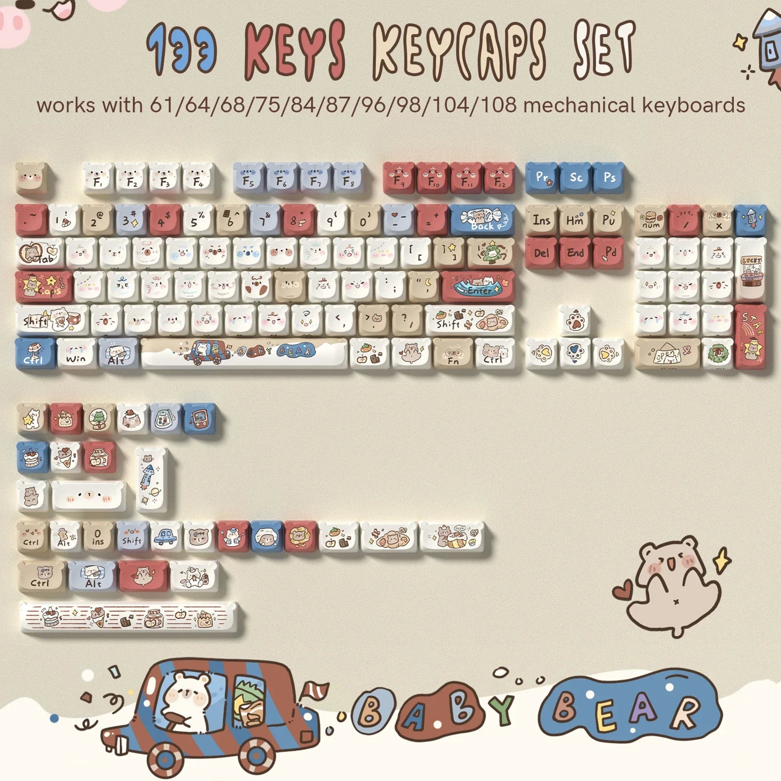 143 keys Coffee Cat  PBT Keycap 5 Sides DYE-SUB XDA Profile Customized Keycaps For Cherry MX Switch Gamer Mechanical Keyboards