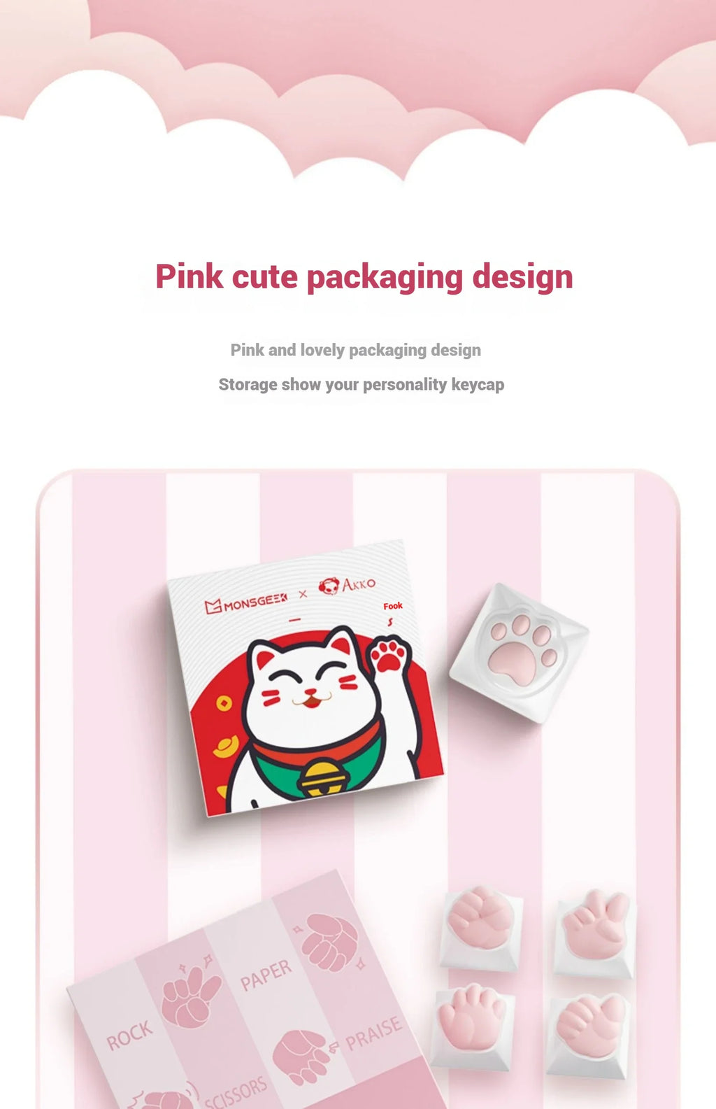AKKO Keycap Soft Cute Cat Claw Rock Paper Scissors Like Kawaii Keycaps PC Silicone OEM Height ABS Material Girl Custom Key Caps