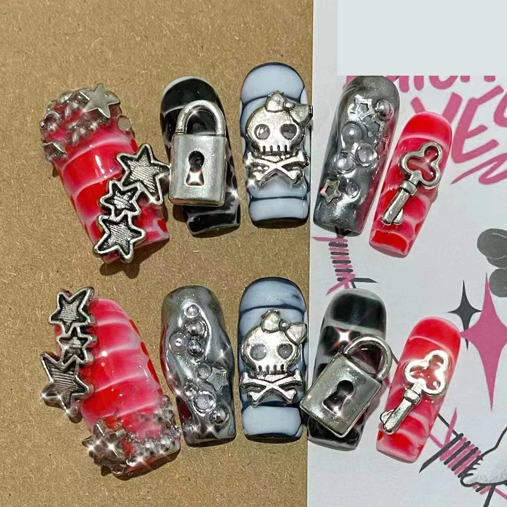 Sanrio Hello Kitty Y2K Nail Cartoon Punk Long Square Handmade Fake Nails Leopard Print Five-Pointed Star Diamond Detachable Nail