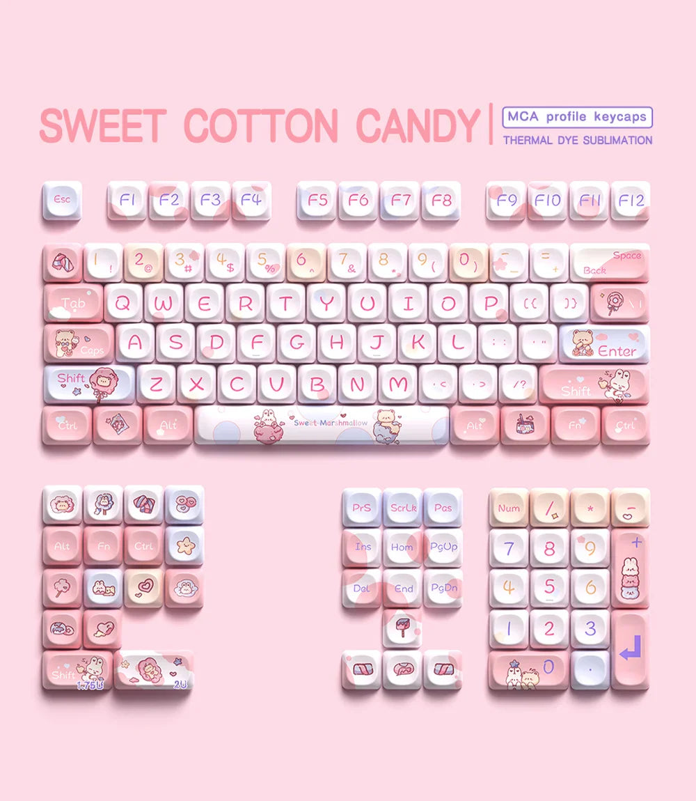 Sweet Cotton Candy Themed Keycaps 112/120key Mca Profile Pbt Thermal Sublimation Mechanical Keyboard Cartoon Pink Anime Keycaps